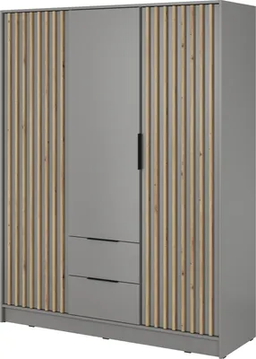 A modern gray wardrobe with wooden slatted accents and two drawers.