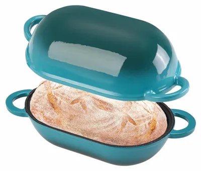 Image de Moule à pain en fonte émaillée avec couvercle, forme ovale, 28 cm, bleu-vert, 5,5 litres