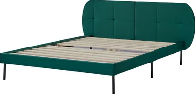 A dark green upholstered bed frame with a tufted headboard and wooden slats is shown against a white background.