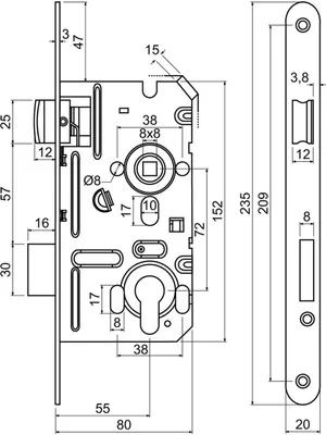 Immagine prodotto di Serratura da infilare Z.301-PZ.72/55/20.P per cilindro PZ