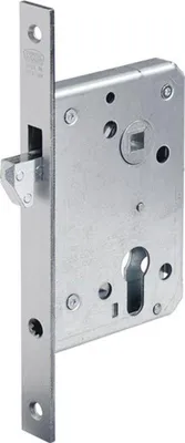 A close-up studio shot of a metal door lock mechanism.