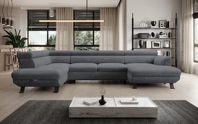 Zdjęcie produktu dla DomoHome ECKSOFA RAVEN XL - Narożnik z funkcją spania z wysuwanym łóżkiem, regulowane zagłówki, pojemnik na pościel, duża sofa 334x198x162 cm lewa strona stalowa