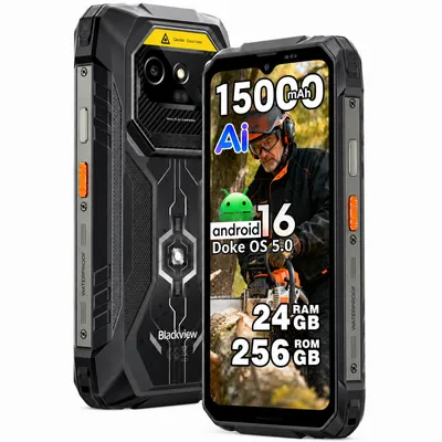Obrázek produktu pro Blackview ROCK 1 PRO, 6,56palcový outdoorový telefon, vojenská odolnost, 32+256 GB, Android 16, 15000 mAh, 33 W, Face ID, 16 MP + 13 MP + 20 MP, procesor Helio G81,  IP69K/IP68