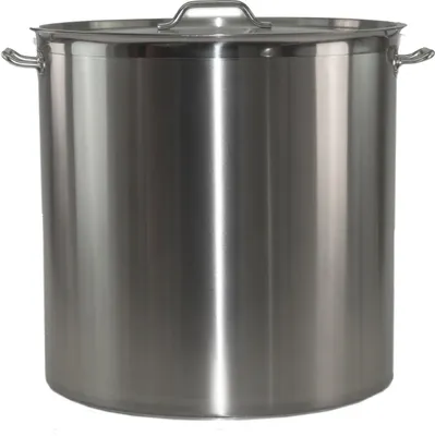 A large, stainless steel pot with a lid and handles, presented against a white background.