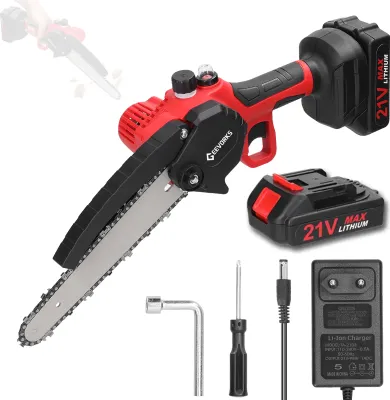 Produktbild von Kettensäge, 8 Zoll 21V Elektro-Kettensäg Akku Kettensäge mit 2 x Batterie + Ladegerät, für Gartenarbeit Baumbeschneidung Holzschneiden, EU ROT Elektrokettensägen