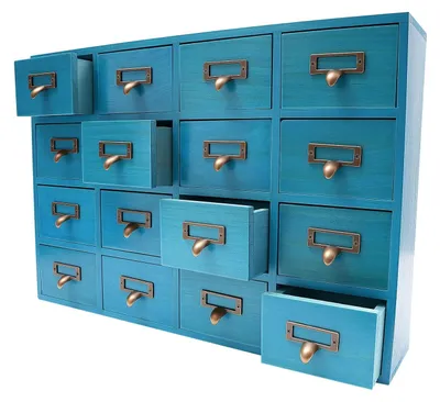 Produktbild von Apothekerschrank - Tischkommode mit 16 Schubladen - Holz Metall Aufbewahrung - Schreibtisch Organizer - Ausziehbare Schubladen - Rustikales Blau