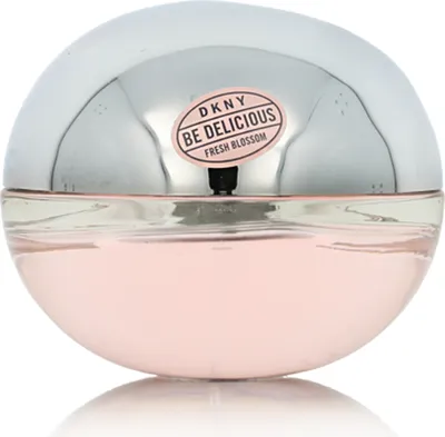 A close-up studio shot of a DKNY Be Delicious Fresh Blossom Eau de Parfum spray bottle.