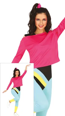 Imagen del producto de Traje aeróbico de los años 80, ropa deportiva, disfraz, conjunto para bailar, fitness, entrenamiento, carnaval, traje completo, movimiento, diversión. Talla: 44 - 46 (XL). Color: Rosa
