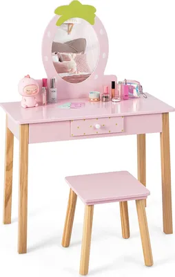 Produktbild von GOPLUS Kinder Schminktisch Set, Kosmetiktisch Set mit Hocker Spiegel, in erdbeerförmigem Design, Kinder von 3-7 Jahren, für Mädchen Kinderzimmer Schlafzimmer, Rosa