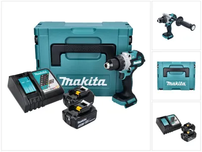 A collage of images showing a Makita cordless impact drill, batteries, charger, and storage case, along with close-ups of individual components.