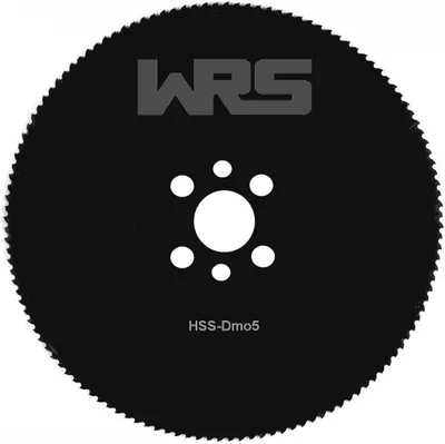 A black circular saw blade with a toothed edge and a central hole surrounded by smaller holes.