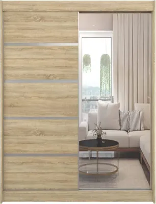 A sliding door wardrobe with a mirrored door, set in a living room scene with a sofa and coffee table.