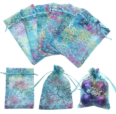 Produktbild von Organzasäckchen, 100 Stück - Korallenmuster - 10 x 15 cm - Süßigkeitenbeutel - Schmuckbeutel - Wiederverwendbar - Hochwertiges Organzamaterial - Geschenksäckchen