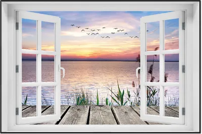 Produktbild von Wallario Wandbild mit Fenster-Illusion: Seepanorama mit Schilf und fliegenden Vögeln, Größe: 61 x 91,5 cm, Poster mit schwarzem Aluminiumrahmen