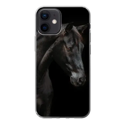 Produktbild von MuchoWow® Handyhülle Schutzhülle Hülle für iPhone 12 Pferd - Tiere - Schwarz - Porträt Silikon Softcase Handy Hülle - Schutzhülle