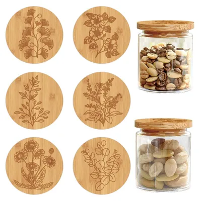 6 Bambusdeckel mit Silikonring, luftdicht, 5 cm, Blumenmotive