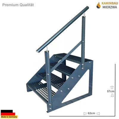 Immagine prodotto di Scala autoportante in acciaio grigliato a 4 gradini zincata e verniciata a polvere color antracite + ringhiera a destra - (L x P x A) 82cm x 80cm x 76cm