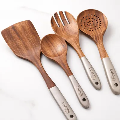 Produktbild von 4-teiliges Holz-Küchenutensilien-Set – Kochlöffel, Pfannenwender & Servierlöffel