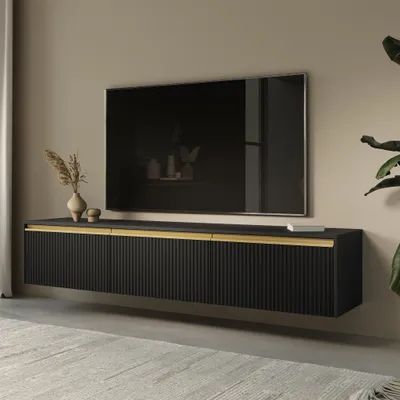 Produktbild von Geriffelter TV-Schrank ROMA schwarzes Lowboard mit goldenen Griffen moderner TV-Schrank mit gefräster Front, Farbe: Schwarz