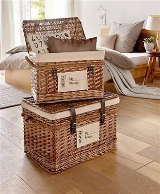 Image de 2 coffres de rangement en osier avec insert en tissu beige, coffres universels