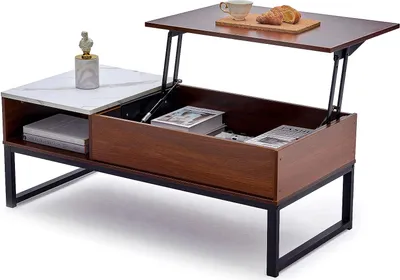 Productafbeelding van Salontafel met verborgen opbergruimte, moderne salontafel in mid-century stijl, stevige houten tafel voor woonkamer, huis of kantoor, met een uitstraling van eikenhout en marmer, bruin