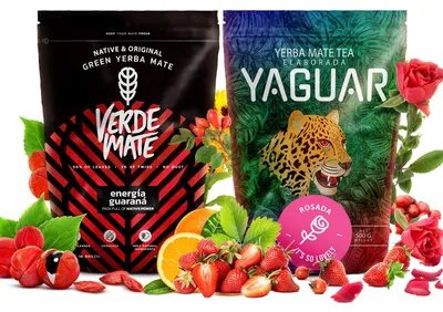Produktbild von Verde Mate & Yaguar - Mate Tee Set Energia Guarana & Rosada 2x500g - Dicke Blätter 5mm - Erdbeere, Rose - Luftgetrocknet - Yerba Brasilien