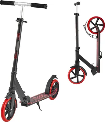 Obrázek produktu pro Koloběžka pro děti od 8 let – městská koloběžka Scooter 2 kola – výškově nastavitelná řídítka – protiskluzová nášlapná deska – skládací – nosnost do 100 kg – lehká – černá/červená