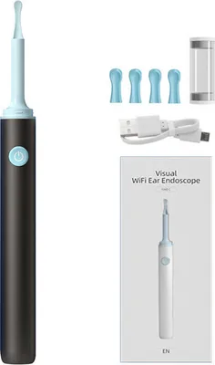 Image de (Noir)Enlève-cérumen Nettoyeur d'oreille sans fil Recharge USB Endoscope d'oreille électrique avec 6 LED de lumière Endoscope d'oreille Otoscopes Caméra Cuillère Outil de nettoyage pour iOS Android