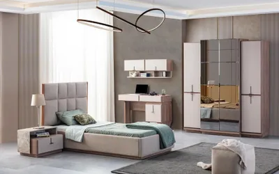 Produktbild von Beige Kinderzimmergarnitur Designer Einzelbett Holz Nachttisch 2tlg Set