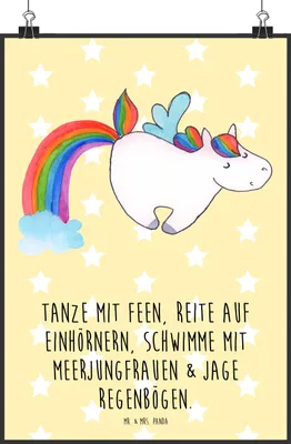 Produktbild von Mr. & Mrs. Panda Bild Einhorn Fliegendes Pferd DIN A2 - Gelb Pastell - Geschenk, Wandbild, wanddeko, Kunstdruck, Spielen, Realität, Unicorn, Regenbogen, Glitzer, drucke
