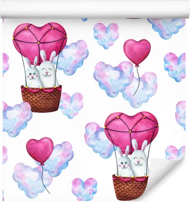 Zdjęcie produktu dla Tapeta Bajkowa z efektem 3D idealna do pokoju dziecka w króliki balony chmury z efektem 3D