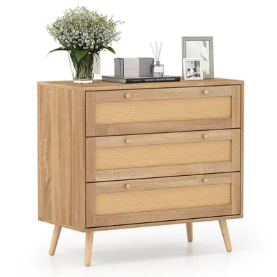 Zdjęcie produktu dla Komoda rattanowa COSTWAY z 3 szufladami, kredens drewniany z nogami z drewna sosnowego, szafka z szufladami, szafka do przechowywania, 80 x 40 x 75,5 cm