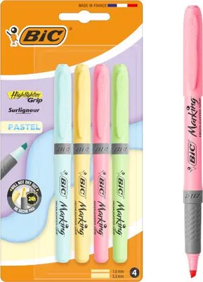 Produktbild von BIC Highlighter Grip Pastel, 4 Stück(e), Blau, Grün, Pink, Gelb, 3 Jahr(e), Meißel, Mehrfarbig, 1,8 mm