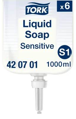 Productafbeelding van Tork vloeibare zeep 420701, extra mild, 1 liter, 6 stuks per verpakking.