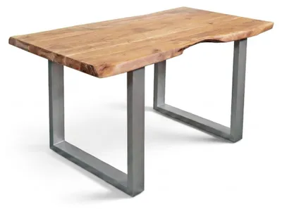 Produktbild von Baumkantentisch Cali 120 x 80 cm, Akazienholz massiv naturfarben, 50 mm Tischplatte, Esstisch mit U-Metallgestell Silber, Industrial-Design