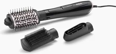 A black Babyliss air brush with two attachments on a white background.