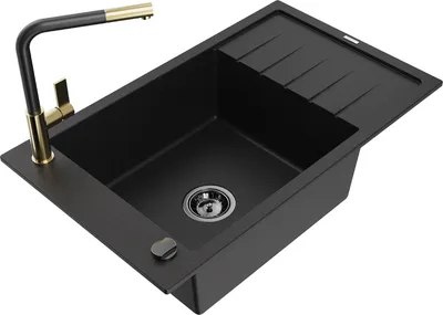 Produktbild von Mexen Elias 1 Becken-Granitspüle mit Abtropffläche und Mischbatterie Flora, Schwarz - 6511-77-670401-57-B