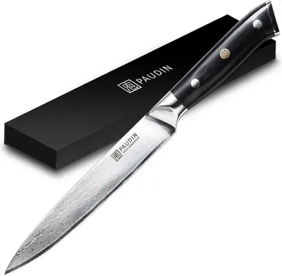 Image de PAUDIN C5 Couteau à Viande Professionnel 20 cm – Couteau de type japonais – Couteau de Chef – Véritable Acier Damas – Manche Ergonomique Noir