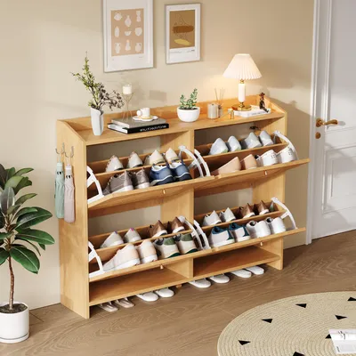Produktbild von 120x24x90cm Modern Schuhschrank Schuhregal mit 8 Fächern mit 2 Haken MDF Schranktüren aus Korbgeflecht