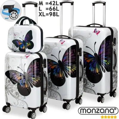 Produktbild von MONZANA Reisekofferset 4tlg Butterfly Hartschalenkofferset mit Schloss & Beautycase 360° Rollen Schutzfolie Netzfach 2 Wege Reißverschluss Koffer