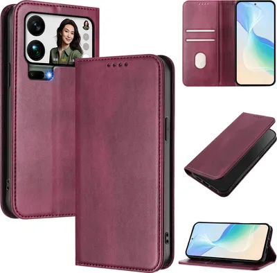 Image de Housse de téléphone portable pour Xiaomi 17 Pro Max, Vintage Cuir RFID Protection Porte-carte Stand Fonction Housse à rabat magnétique Rouge