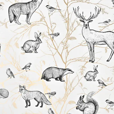 Produktbild von Geschenkpapier Hirsch mit Waldtieren 70cm x 2m Rolle Weiß / Schwarz