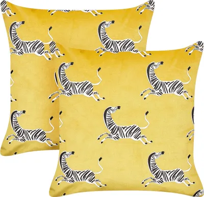 Produktbild von BELIANI Set aus 2 Streukissen Gelb Samt Polyester Stoff Tiermuster 45 x 45 cm für Kinderzimmer