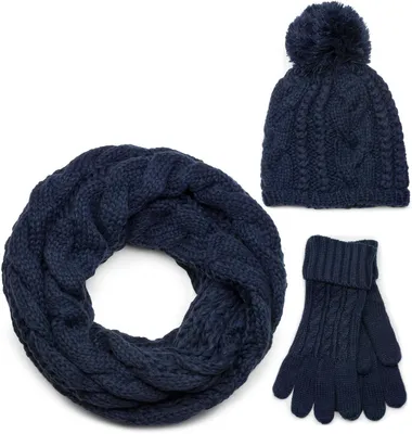Produktbild von styleBREAKER Schal, Mütze und Handschuh Set, Zopfmuster Strickschal mit Bommelmütze und Handschuhe, Damen 01018208