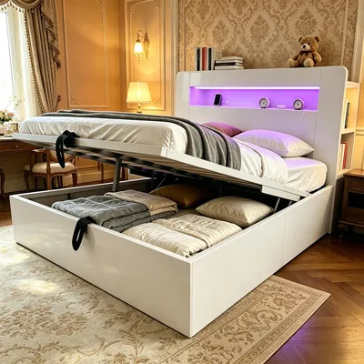 Produktbild von okwish Jugendbett 140×200 mit hydraulischem Stauraum, Holzbett LED und Steckdosen, Funktionsbett mit Staufächern, Weiß,ohne Matratze