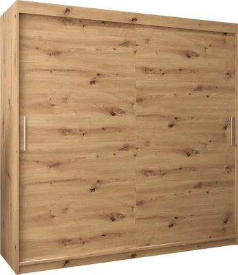 A sliding door wardrobe with a wood grain finish.