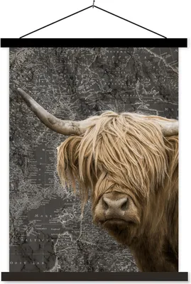 Produktbild von MuchoWow® Textilposter Schottisches Hochlandrind - Weltkarte - Tiere 60x80 cm mit schwarzem Rahmen - Plakathalter