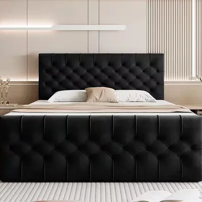 Produktbild von GOLDSTOFF TAURIEL Boxspringbett 180x200cm mit Federkernmatratze & Topper | Bett mit Stauraum & 2 Bettschubladen | Samt (Schwarz)