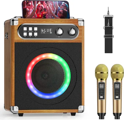 Produktbild von Bluetooth Karaokeanlage - Heim-Karaokesystem - 2 Kabellose Mikrofone - Tragbarer Partylautsprecher - LED-Licht - Lautstärke 5