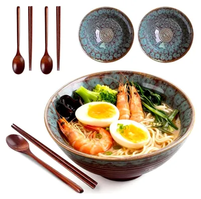 Produktbild von Ramen Schüssel Set, 2 Keramiksuppen-Schalen, 1200ml Set mit Essstäbchen und Löffeln, große Schüssel für Ramen, Suppe, Pasta und Obstsalat